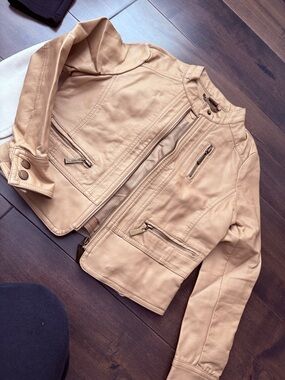 Girls Jou Jou Tan Moto Style Leather Jacket - Neutral Beige